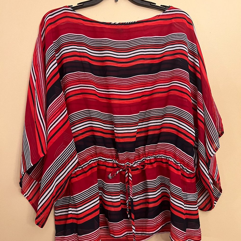 Chaps Women's Blouse Red, White, Blue Stripe Drawstring Waist, Size M